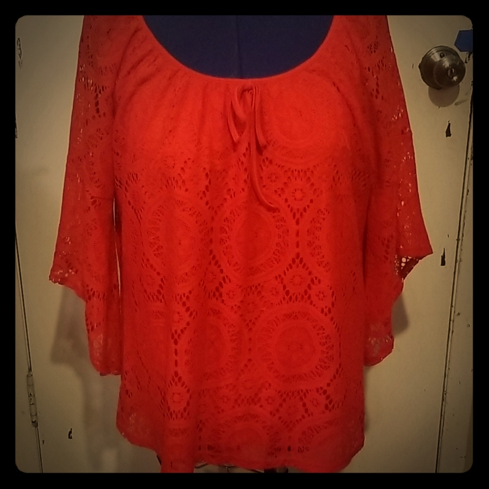 2/$15 Tacera Bell Sleeve Lace/crochet Top Red 2x